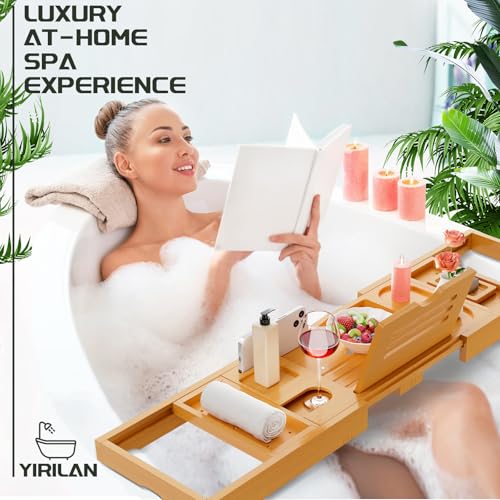 Yirilan Bamboo Bath Tray - Foldable Adjustable Wooden Bath Caddy with Book Rest & Spa Accessories