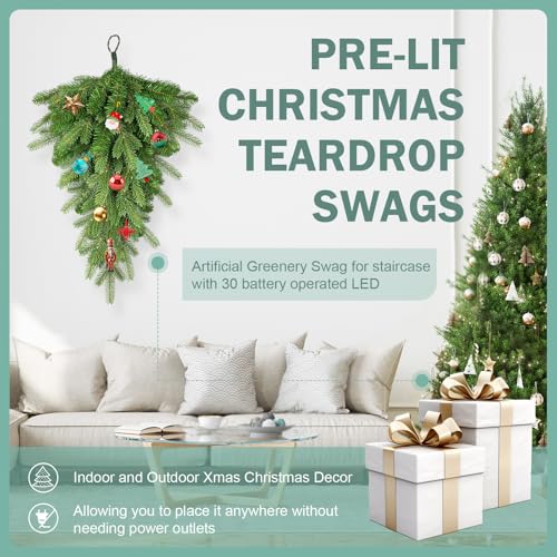 24-Inch Pre-Lit Christmas Teardrop Swag with 30 Warm White LED Lights