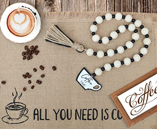 Rustic Coffee Bar Wood Bead Garland with Tassels, 31-Inch Farmhouse Decor