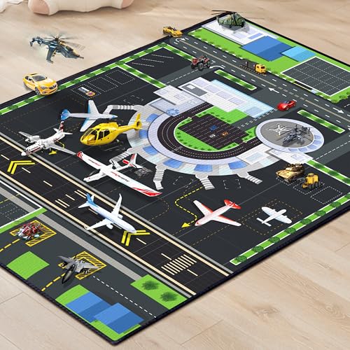 Airport Play Rug for Kids - 39x59 Inch Non-Slip Airplane City Traffic Mat