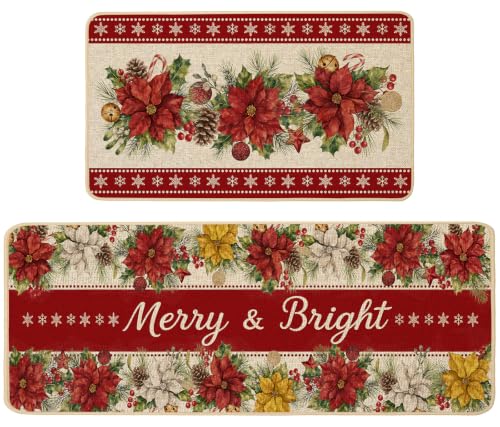 Christmas Poinsettia Kitchen Rugs Set - Merry Bright Holiday Decor, 17x29 & 17x47 Inches