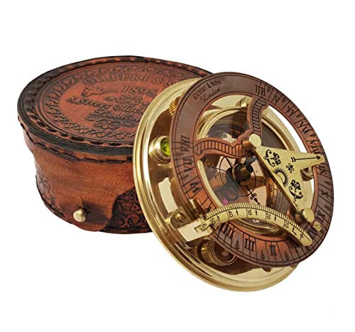 Antique Brass and Copper Sundial Compass with Leather Gift Box