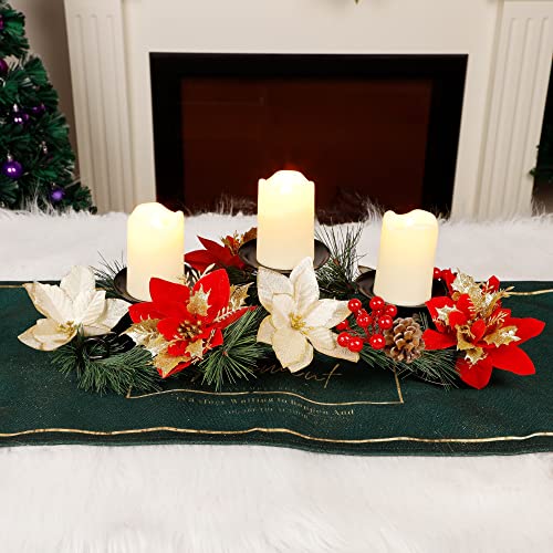 Christmas Poinsettia Table Centerpiece with 3 Flameless LED Candles