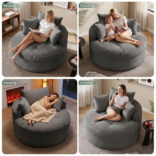 Oversized Corduroy Floor Chaise Lounge with Pillows and Ottoman