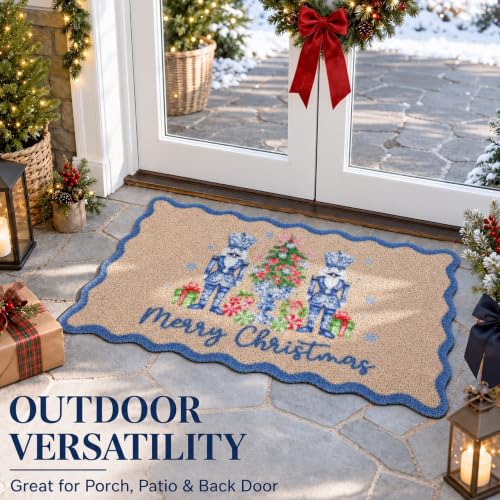 Breling Nutcracker Christmas Doormat Blue Scalloped Holiday Entry Rug