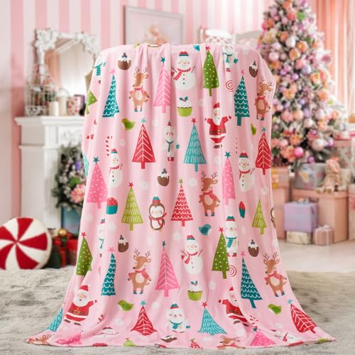 Pink Christmas Throw Blanket 50x60in for Women Girls - Cozy Holiday Decor