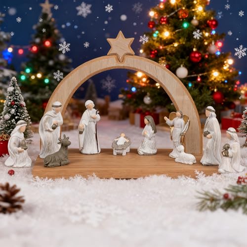 11-Piece Christmas Nativity Set with Wooden Arched Stable & Resin Figurines
