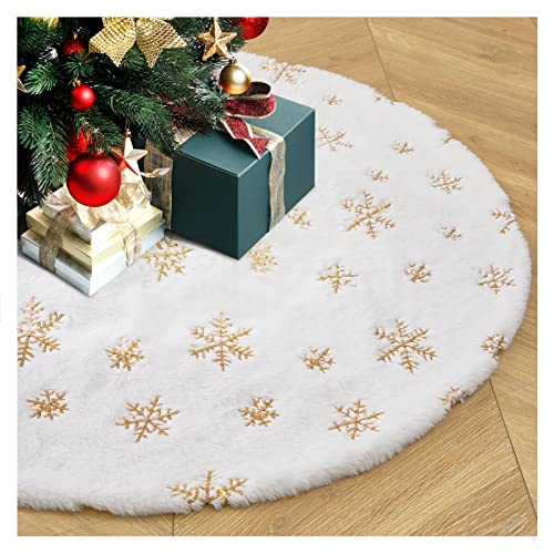 36-Inch White Faux Fur Christmas Tree Skirt with Gold Sequin Snowflakes
