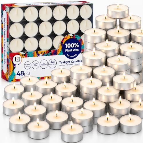 48 Pack Unscented Palm Wax Tea Light Candles - 4 Hour Clean Burn