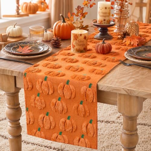 LuoluoHouse Fall Table Runner with 3D Faux Pumpkin Design, Caramel, 13x48 Inch