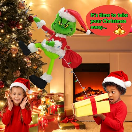 Christmas Green Monster Decorations with LED Lights - 23.6in Poseable Plush Doll for Indoor & Outdoor Holiday Decor