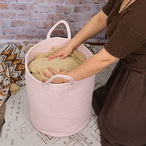 Pink Cotton Rope Laundry Basket - Tall Woven Nursery Hamper for Toys & Blankets