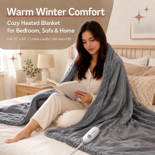Electric Heated Blanket, Full Size 72"x84", Flannel & Sherpa