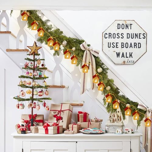 Christmas Wooden House String Lights - 6.56 FT 10 LEDs, Battery Operated Xmas Tree Decoration - Variation of Xmas Tree