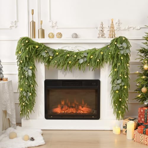 Waipfaru 9ft 2pcs Christmas Norfolk Pine Garland with Lights - Realistic Artificial Faux Cedar