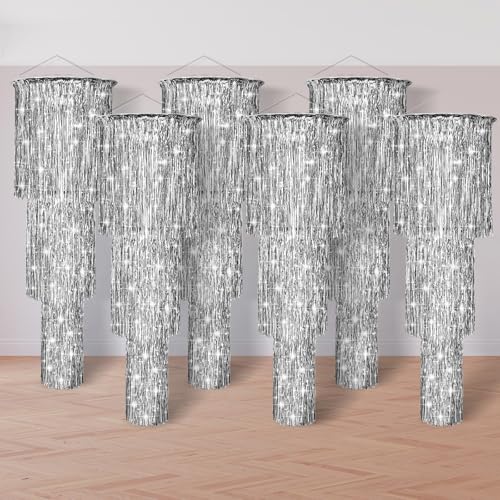 6-Pack 3-Tier Silver Metallic Tinsel Chandelier Hanging Decor, 4 Ft