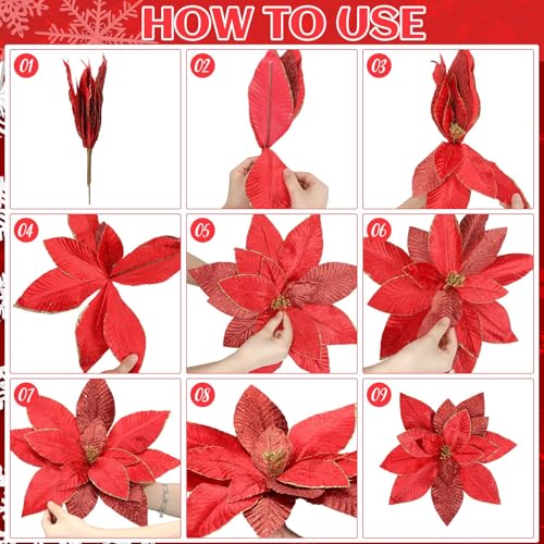 Cinnvoice 4pcs 16'' Red Poinsettia Christmas Tree Artificial Flowers (Glitter Accent)