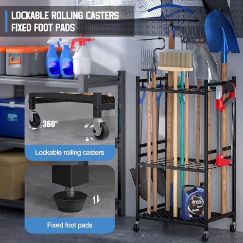 Garden Tool Organizer Rack with Wheels for Garage Storage 35 Slots