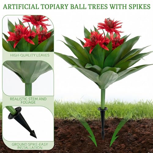 Artificial Agave Topiary Trees with Red Flowers, 27-Inch Outdoor Set of 2