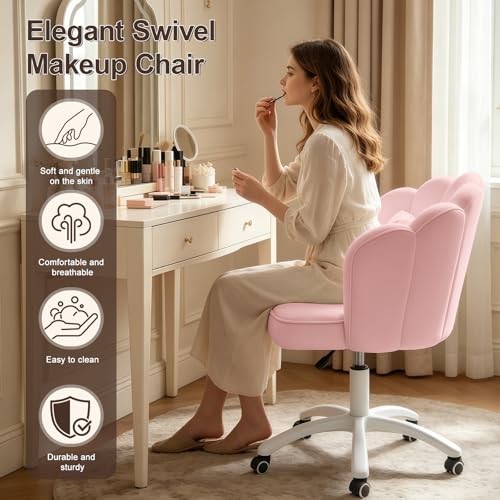 Velvet Petal Desk Chair with Bow Cushion and Swivel Wheels