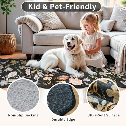 3x6 Washable Floral Runner Rug, Non-Slip Scalloped Hallway Floor Mat