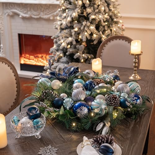 Valery Madelyn 30-Inch Christmas Wreath & 6Ft Garland Set with Lights - Blue & Silver Holiday Decor for Indoor & Outdoor
