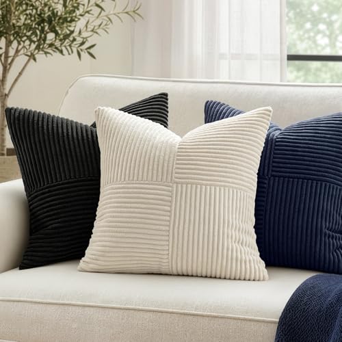 Black Corduroy Throw Pillow Covers 18x18 Inch, Set of 2 Patchwork Cushion Cases