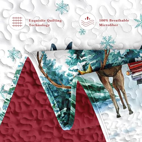 King Christmas Quilt Set with Xmas Truck - 3-Piece Red Vintage Bedding, WeCozy