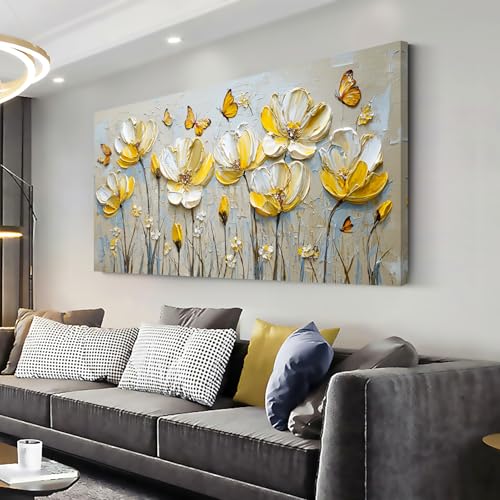 Yellow Floral Butterfly Canvas Wall Art Decor for Bedroom and Office