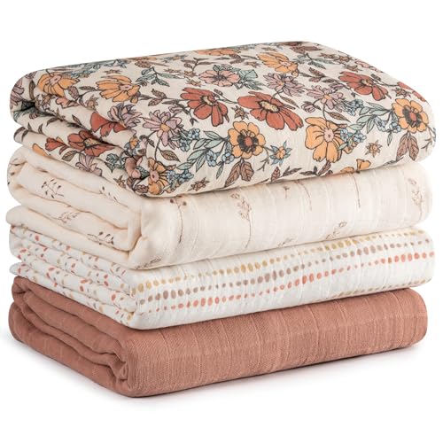 Muslin Baby Swaddle Blankets 4-Pack - Soft 100% Cotton Receiving Wrap