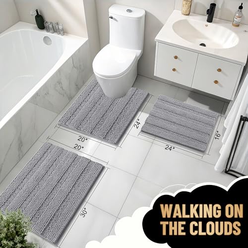 OLANLY Striped Chenille Bath Rug 30x20 Grey Absorbent Rubber Backing