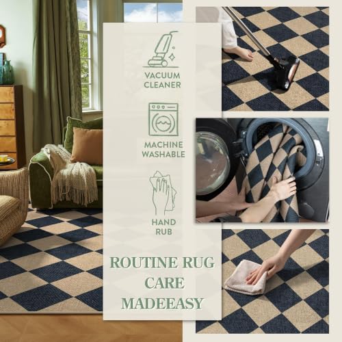 Checkered Jute-Look Area Rug 3x5, Washable Non-Slip Farmhouse Entryway Mat