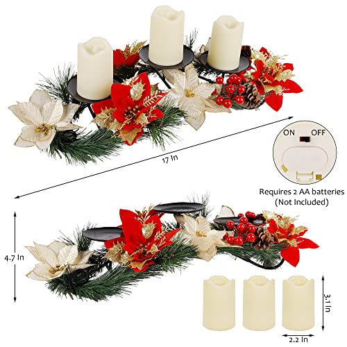 Christmas Poinsettia Candle Holder Centerpiece with 3 LED Candle Lights