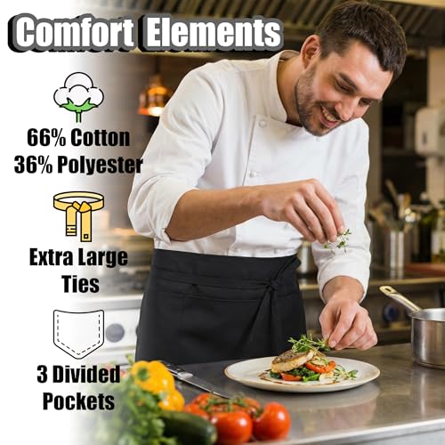TOSHE Waterdrop Resistant Cotton Waist Apron with 3 Pockets - Black