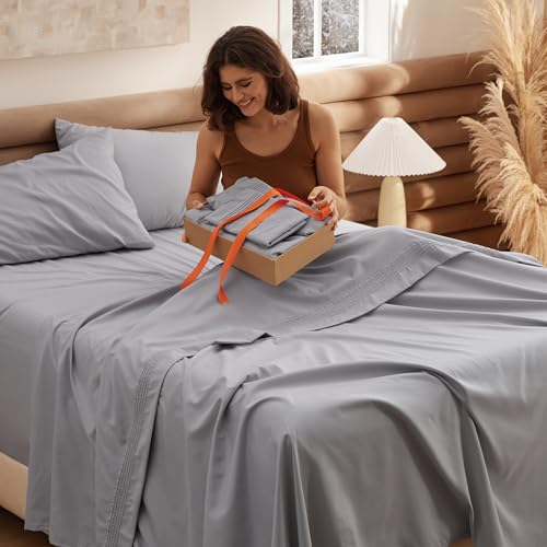 Bedsure Deep Pocket Queen Sheets Set - Fits Mattresses Up to 21 Inches Thick - 4 Piece GentleSoft Bed Sheets, Moisture Wicking, Soft & Cooling Bedsheet & Pillowcases, Easy & Secure Fit, Light Grey