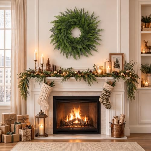 Worthyeah 24" Silver Cedar Christmas Wreath for Front Door - Lush Real-Touch Decor