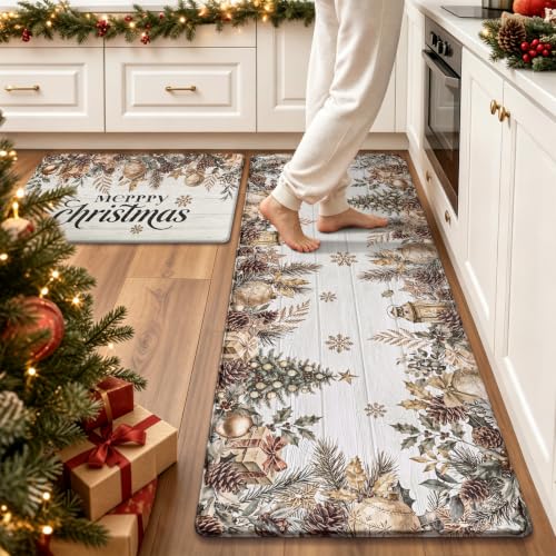 AtawLege Merry Christmas Kitchen Rug Set 2 Piece - 17x29 + 17x47 anti-fatigue mats