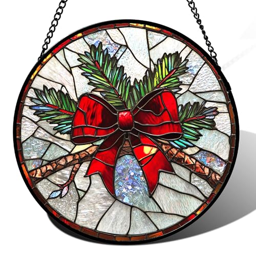 DASTOLL Christmas Pine Bow Stained Glass Window Suncatcher 7.8" Red & Green