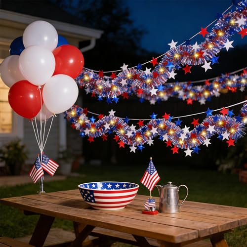 13ft 4th of July Lighted Tinsel Garland - Red White Blue Patriotic Party Decor