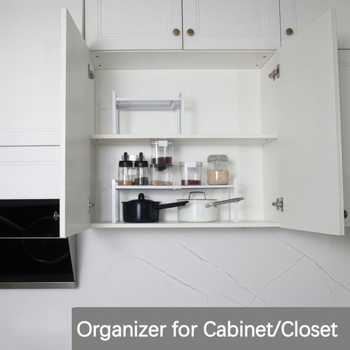 LJHFUQHUHU Expandable Cabinet Shelf Organizer Riser for Kitchen Pantry Cupboard Under Sink Countertop (White, 8.2’’D * 12.2-21.6’’W * 7.7’’H)