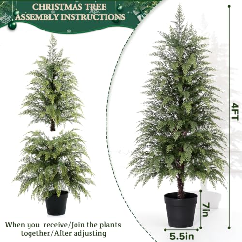 Waipfaru 4FT 2-Pcs Dark Green Cypress Artificial Christmas Trees in Woven Baskets - Outdoor/Indoor