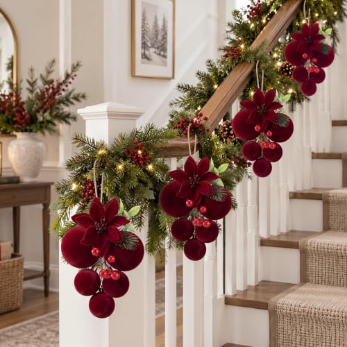 Burgundy Velvet Christmas Ball Clusters Ornaments Set - 4 Pcs Holiday Decor