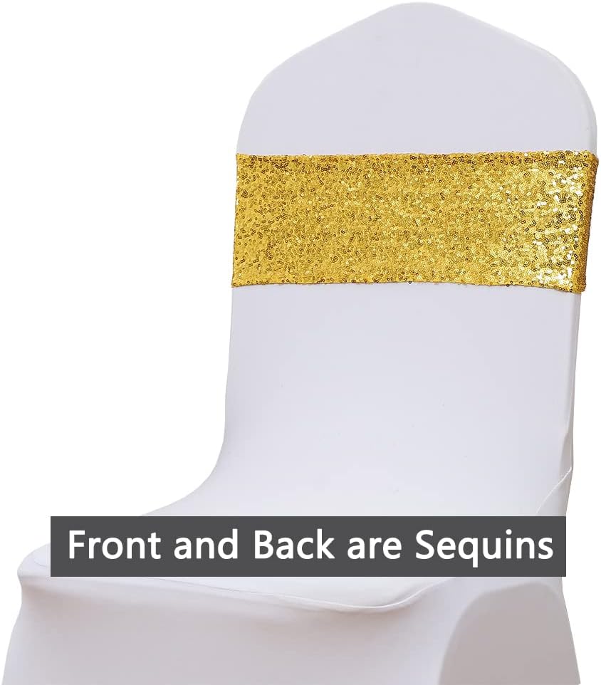 Skiennix Spandex Sequins Chair Sashes - Gold Chair Bands with Buckles for Weddings & Parties | Pack of 50