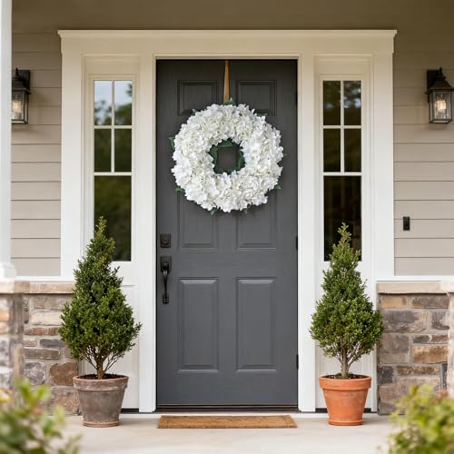 21-Inch Artificial Hydrangea Flower Wreath for Front Door Decor (White)