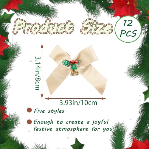 Hisgeru 12 Pcs Champagne Christmas Ribbon Bows with Bells - Small Holiday Decor