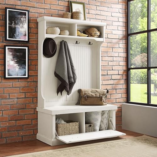 Crosley Furniture Seaside Hall Tree with Shoe Storage - Distressed White Entryway Bench