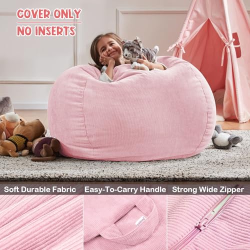 200L Corduroy Bean Bag Chair Cover for Stuffed Animal Storage, Pink