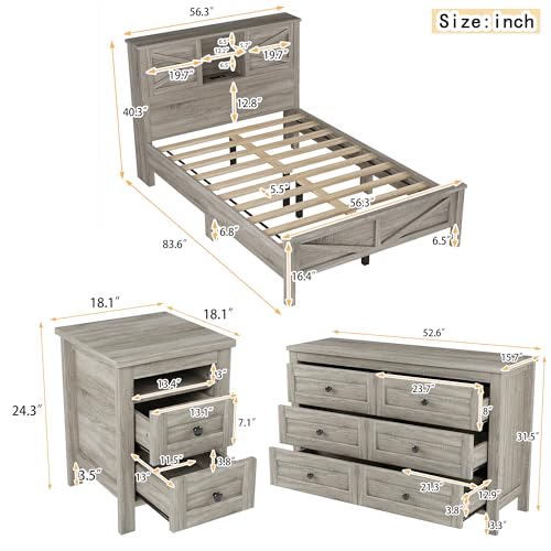 3-Piece Full Bedroom Set with Storage Platform Bed, Nightstand, and Dresser