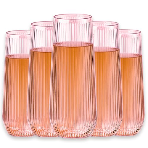 48 Pack Pink Ribbed Plastic Champagne Flutes - Stemless Disposable 9 Oz Shatterproof Recyclable BPA-Free for Weddings & Parties