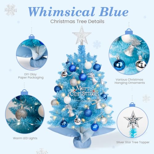 Blue Mini Christmas Tree with Lights - 2 Ft Tabletop Holiday Decor, HOMDAILY